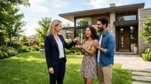 Modern Villa Önünde Alıcı Çifte Ev Anahtarı Teslim Eden Emlakçı