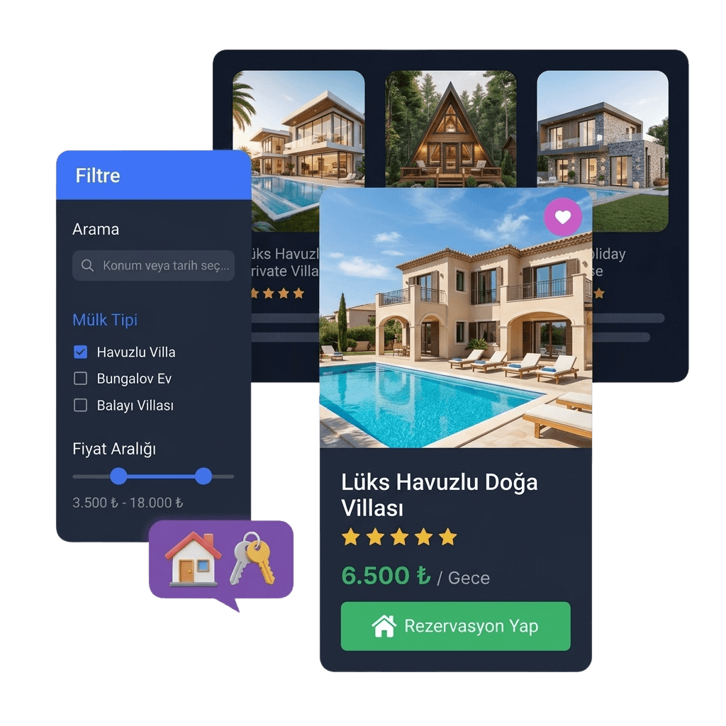 Günlük kiralık villa, bungalov ve tatil evi rezervasyon web sitesi arayüzü ve yönetim sistemi - Çözüm Online