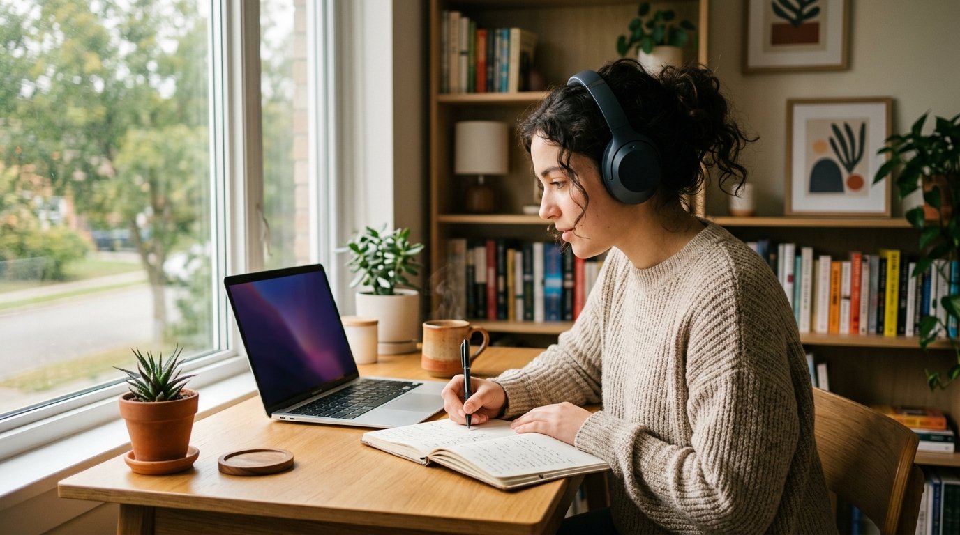 Kulaklığıyla Bilgisayar Başında Online Ders Dinleyen Öğrenci