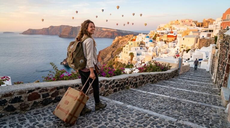 Tarihi Sokakta Bavuluyla Gezen Mutlu Kadın Turist