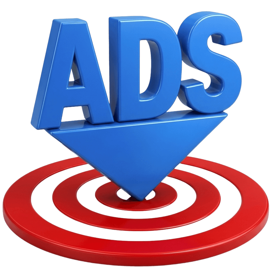 Hedef tahtasına tam isabet eden 3D mavi ADS reklam oku - Google Ads ve Meta reklam yönetimi Çözüm Online