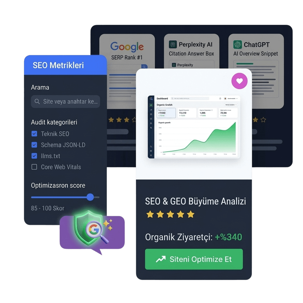 Yapay Zeka ve Arama Motoru Optimizasyonu (SEO, GEO & AEO) Büyüme Analizi Arayüzü - Çözüm Online